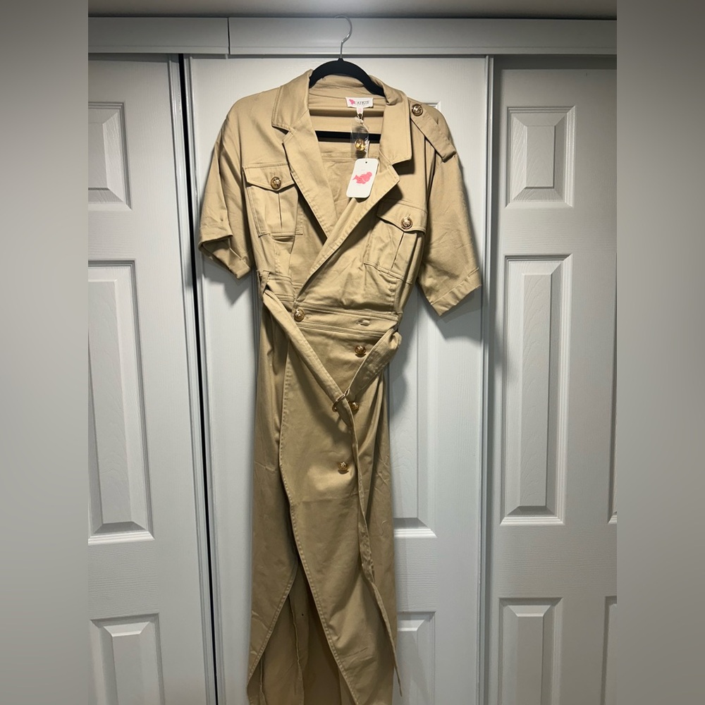 Asymmetrical Tan Button-Up Trench Coat Dress